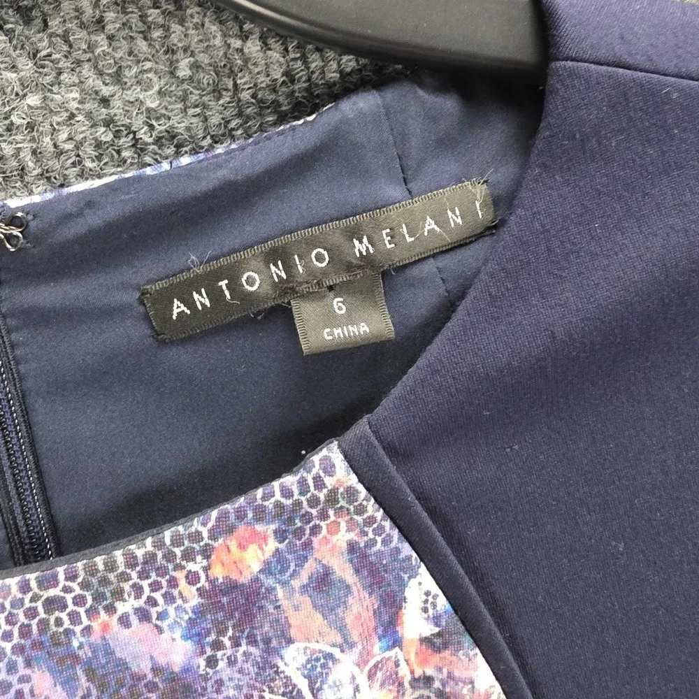 Antonio‎ Melani Navy Blue Floral Lace Print Illusion Sheath Dress 3/4 Sleeve 6